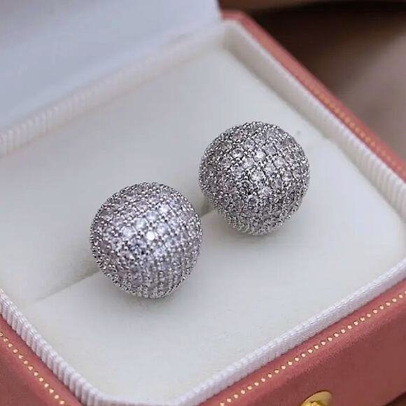 Silver Zircon Ball Earrings Luxury Exquisite White Gold Plated - Picture 2 of 6